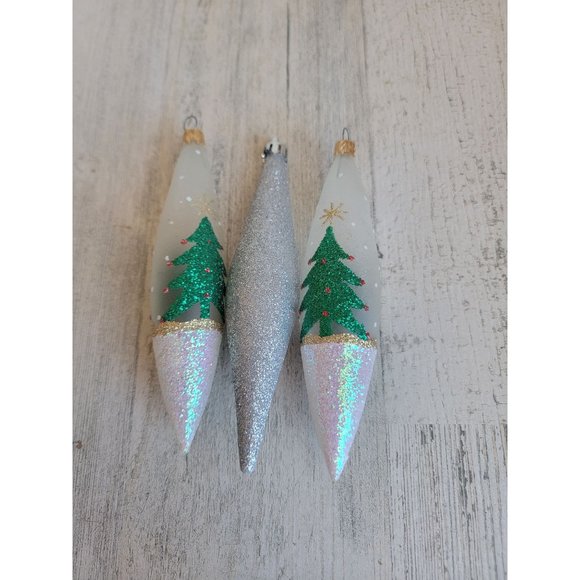 Glitter tree long glass ornament set Xmas snow - Picture 5 of 7